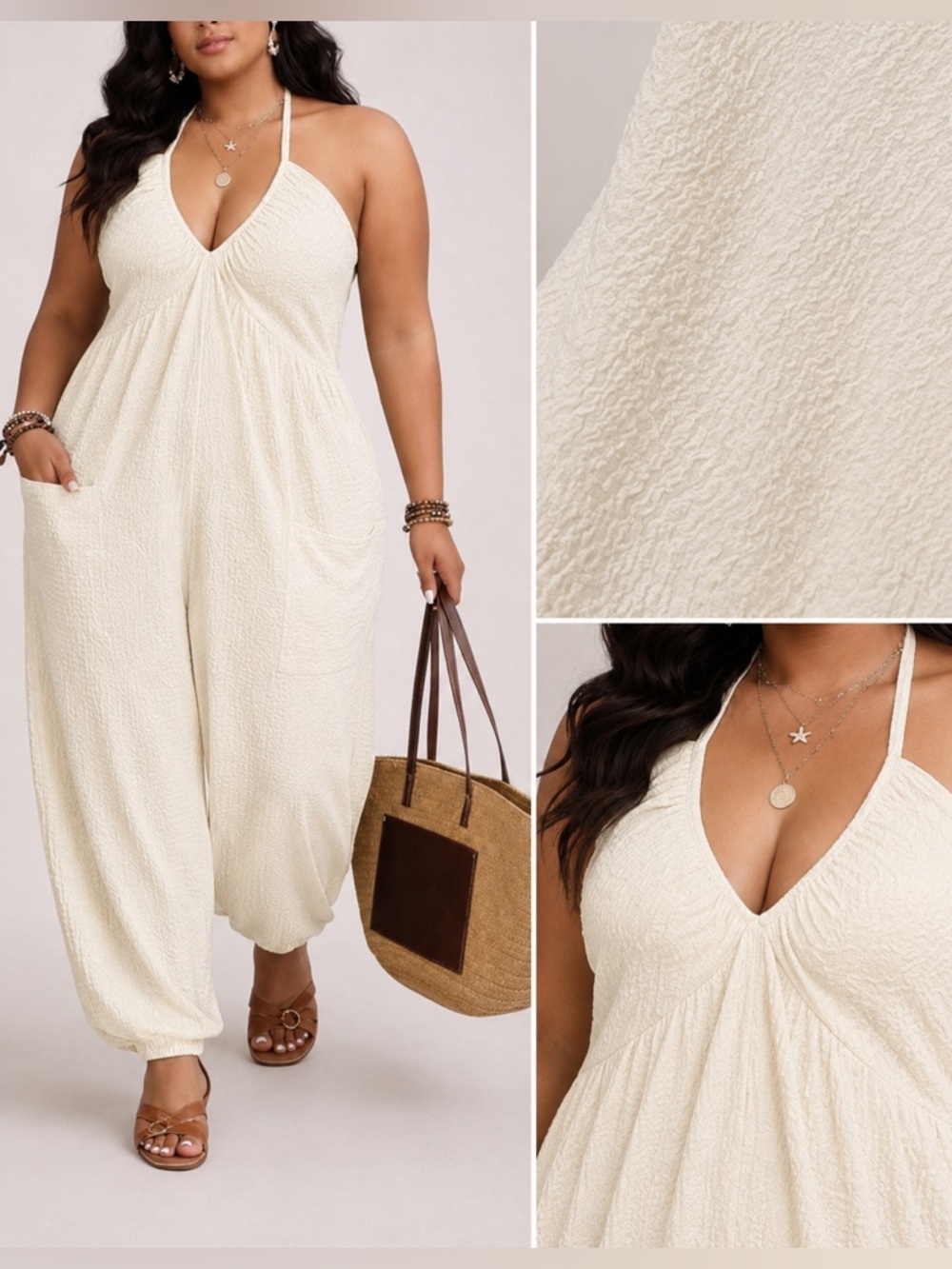 Cream Textured Halter Jumpsuit - Plus Size